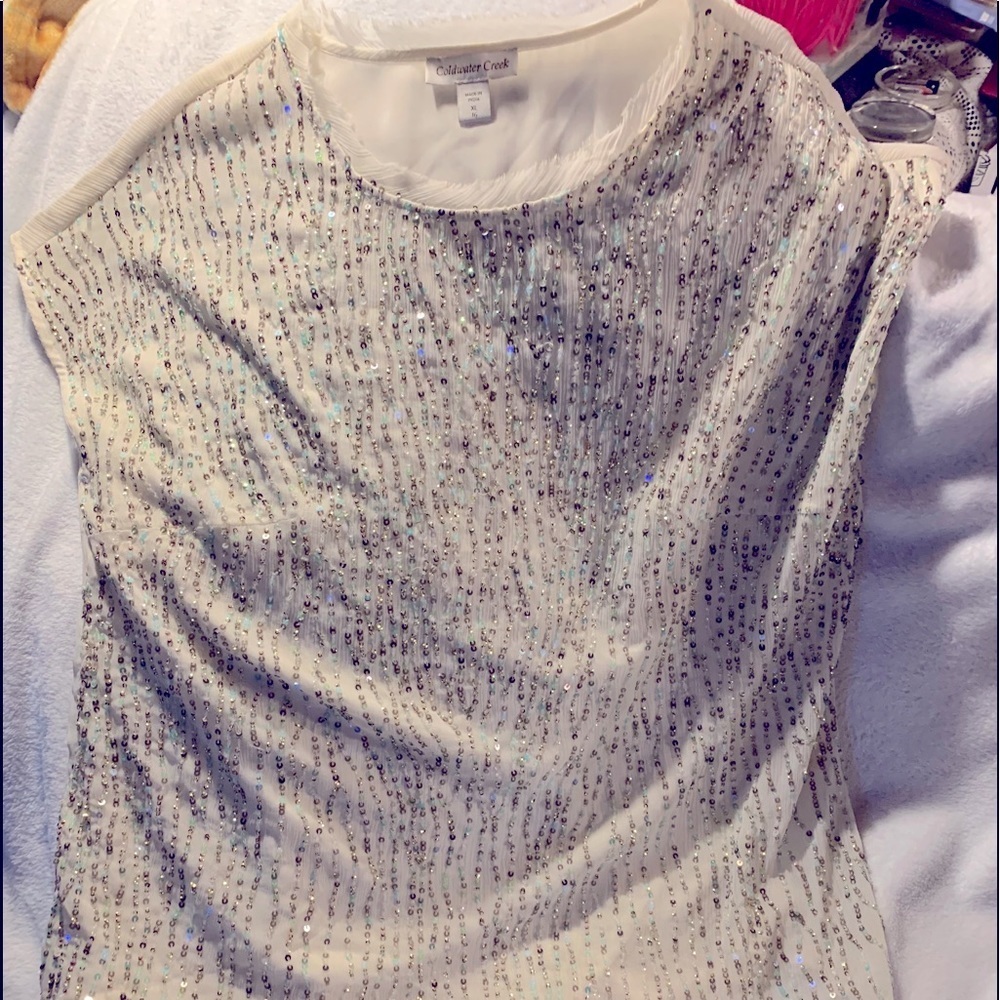 Coldwater Creek XL Cream Top Sequins Galore